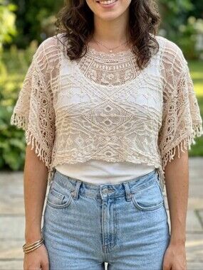 Origami Boho Crochet Fringe Top in Beige Origami by vivien